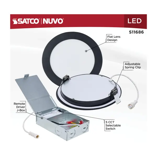 11 Watt LED Direct Wire Performer Series Downlight - Remote Driver - 6 Inch - 27K/3K/35K/4K/5K CCT Selectable - Round - Flat Face - Black Finish - Image 12