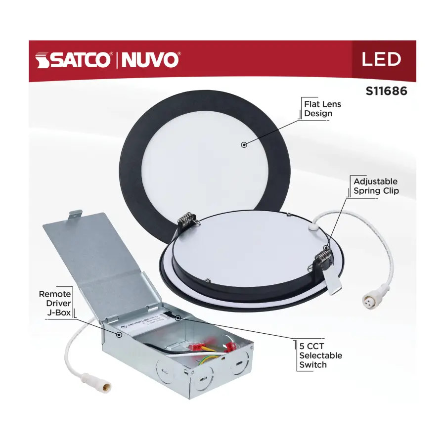 11 Watt LED Direct Wire Performer Series Downlight - Remote Driver - 6 Inch - 27K/3K/35K/4K/5K CCT Selectable - Round - Flat Face - Black Finish - Image 12