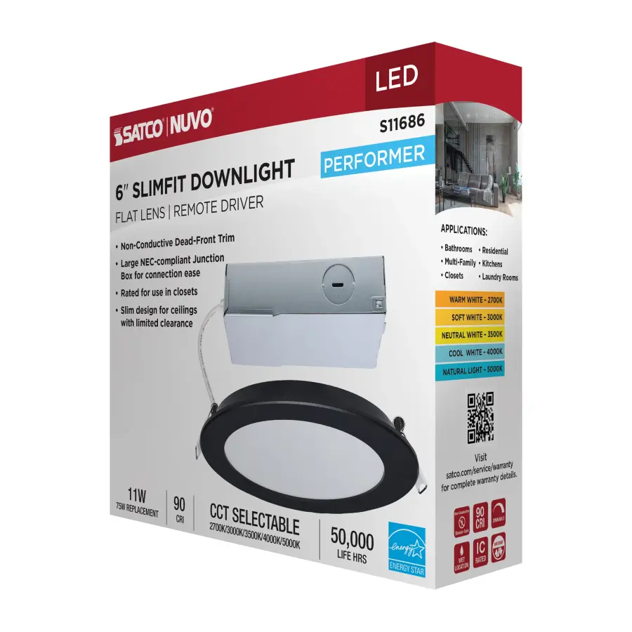 11 Watt LED Direct Wire Performer Series Downlight - Remote Driver - 6 Inch - 27K/3K/35K/4K/5K CCT Selectable - Round - Flat Face - Black Finish - Image 15