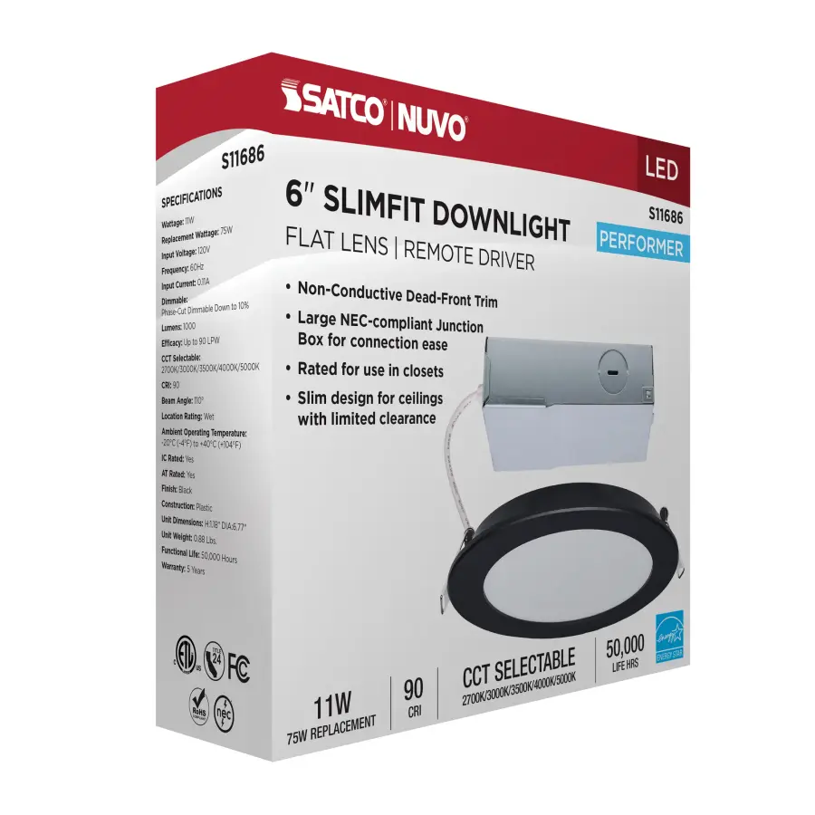 11 Watt LED Direct Wire Performer Series Downlight - Remote Driver - 6 Inch - 27K/3K/35K/4K/5K CCT Selectable - Round - Flat Face - Black Finish - Image 16