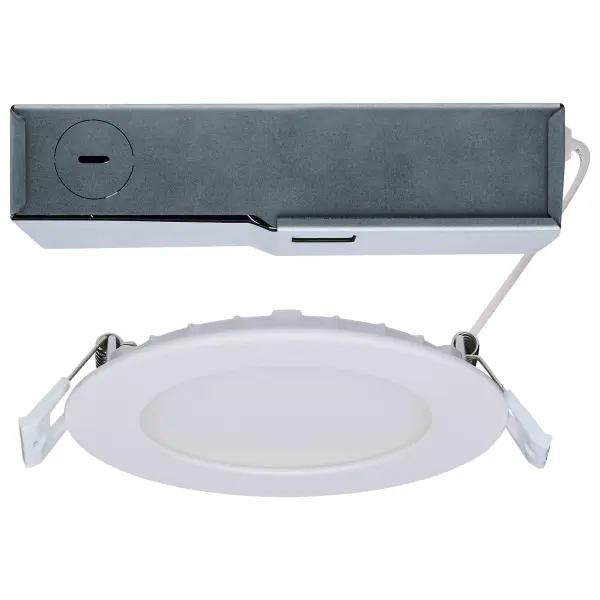 The SATCO NUVO Pro Series LED Slimfit Downlights deliver versatile, high-performance illumination. Featuring field-selectable CCT and wattage, these downlights offer high (HO) and very high (VHO) output options. All models include a pre-wired remote driver, while select models add an emergency battery enclosure with 90 minutes runtime, self-diagnostics, and a front-facing test button. Dual dimming options-Phase-cut at 120V and 0–10V at 120–277V-allow precise control. IC and Airtight rated with 90 CRI, they provide long-lasting performance with a 50,000-hour lifespan and a 5-year warranty. Slim-profile, durable aluminum construction and an acrylic lens ensure reliability, even in NEC-compliant closets or ceilings with limited clearance.