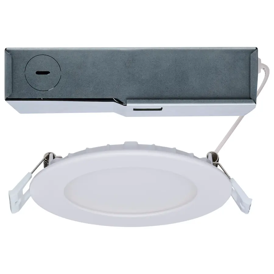 8/12 Watt LED Direct Wire Downlight - 27K/3K/35K/4K/5K CCT - Remote Driver - 4 Inch - Round - Flat Face - White Finish - 120-277 Volt - Dual Dimming - Image 1