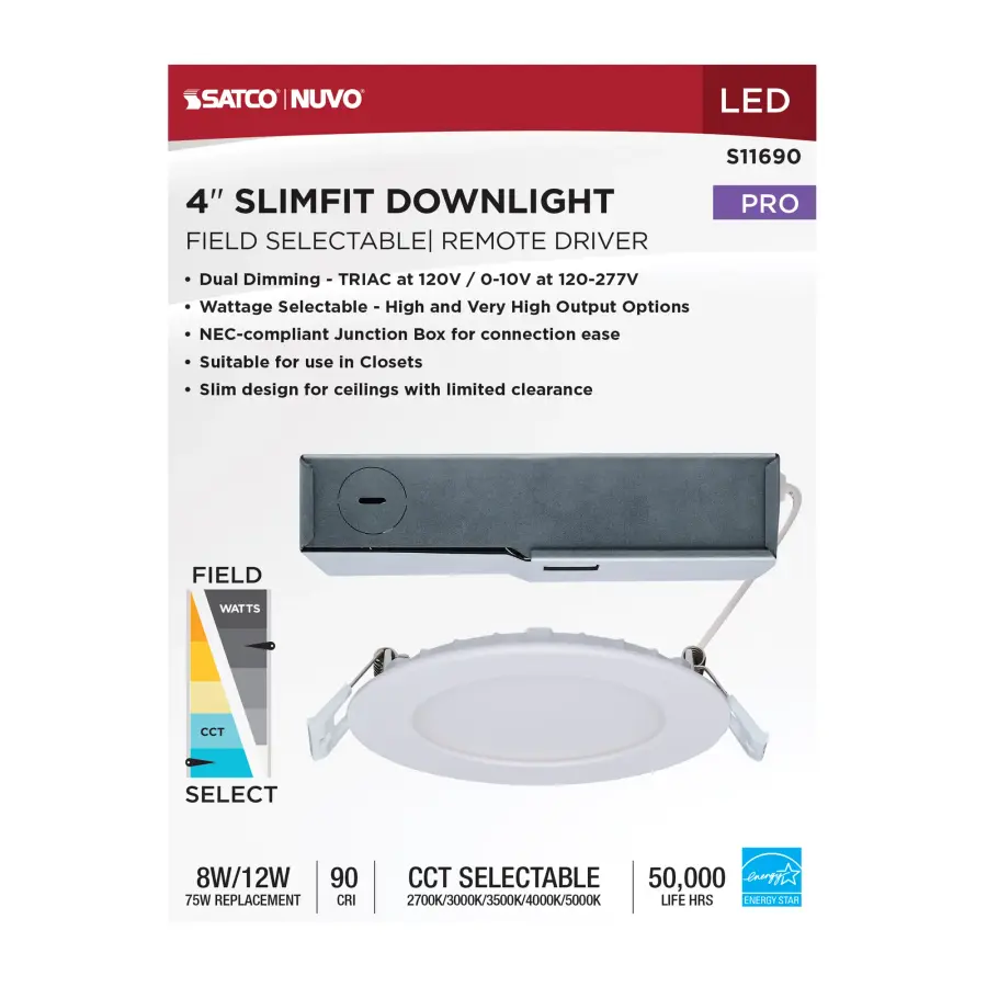 8/12 Watt LED Direct Wire Downlight - 27K/3K/35K/4K/5K CCT - Remote Driver - 4 Inch - Round - Flat Face - White Finish - 120-277 Volt - Dual Dimming - Image 11