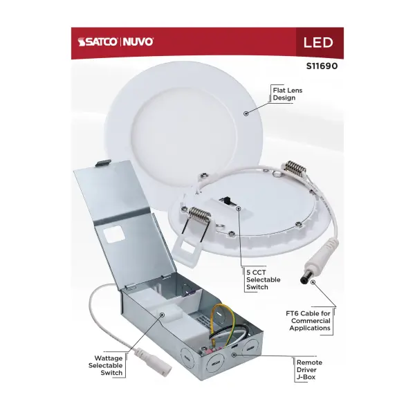 8/12 Watt LED Direct Wire Downlight - 27K/3K/35K/4K/5K CCT - Remote Driver - 4 Inch - Round - Flat Face - White Finish - 120-277 Volt - Dual Dimming - Image 12