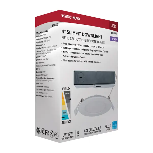 8/12 Watt LED Direct Wire Downlight - 27K/3K/35K/4K/5K CCT - Remote Driver - 4 Inch - Round - Flat Face - White Finish - 120-277 Volt - Dual Dimming - Image 16