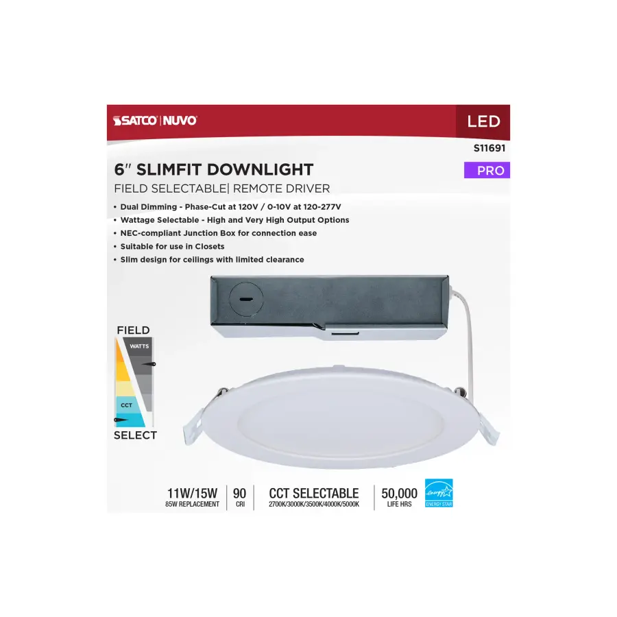 11/15 Watt - LED Direct Wire Downlight - 27K/3K/35K/4K/5K CCT - Remote Driver - 6 Inch - Round - Flat Face - White Finish - 120-277 Volt - Dual Dimming - Image 11