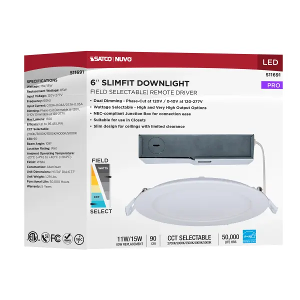 11/15 Watt - LED Direct Wire Downlight - 27K/3K/35K/4K/5K CCT - Remote Driver - 6 Inch - Round - Flat Face - White Finish - 120-277 Volt - Dual Dimming - Image 15