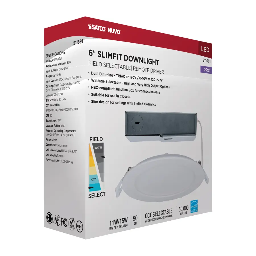 11/15 Watt - LED Direct Wire Downlight - 27K/3K/35K/4K/5K CCT - Remote Driver - 6 Inch - Round - Flat Face - White Finish - 120-277 Volt - Dual Dimming - Image 16