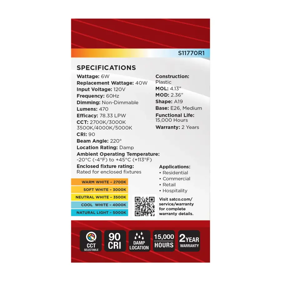 6 Watt A19 LED - 27K/3K/35K/4K/5K CCT Selectable - Medium Base - White Finish - 120 Volt - Image 8