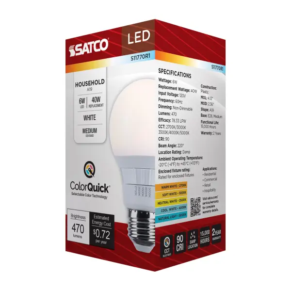6 Watt A19 LED - 27K/3K/35K/4K/5K CCT Selectable - Medium Base - White Finish - 120 Volt - Image 10