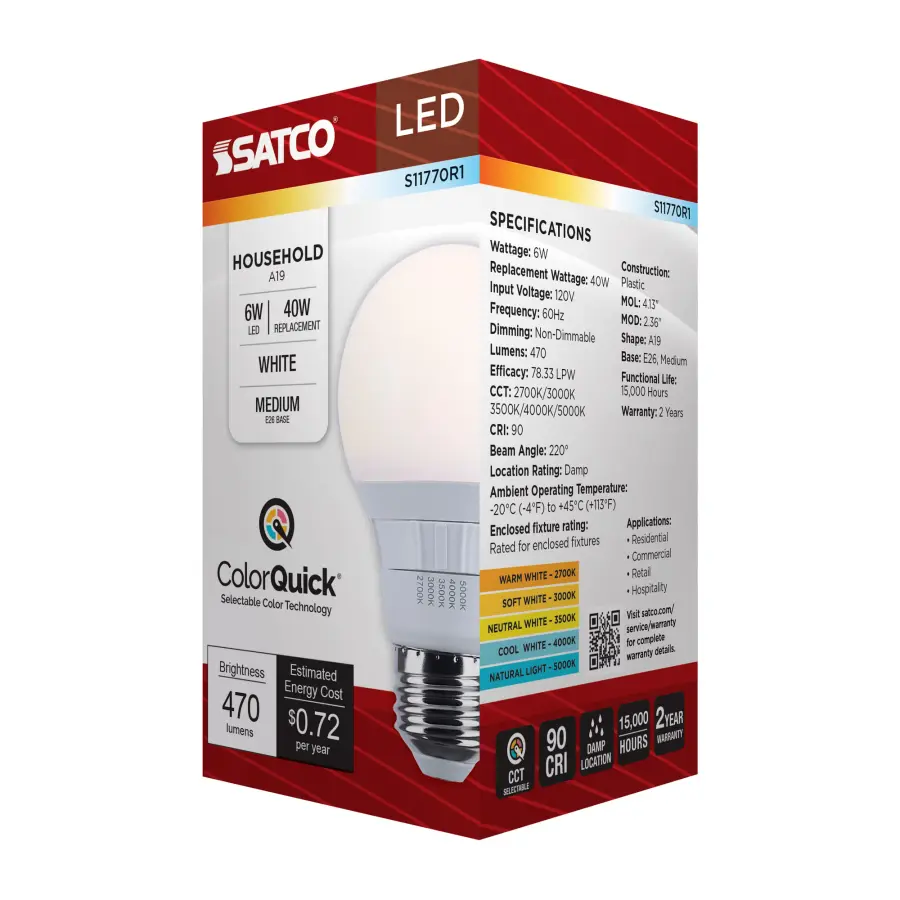 6 Watt A19 LED - 27K/3K/35K/4K/5K CCT Selectable - Medium Base - White Finish - 120 Volt - Image 10