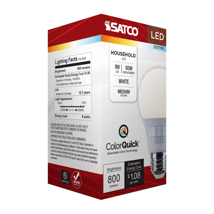 9 Watt A19 LED - 27K/3K/35K/4K/5K CCT Selectable - Medium Base - White Finish - 120 Volt - Image 11