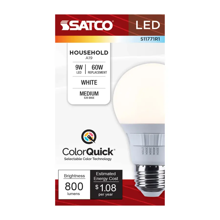 9 Watt A19 LED - 27K/3K/35K/4K/5K CCT Selectable - Medium Base - White Finish - 120 Volt - Image 6