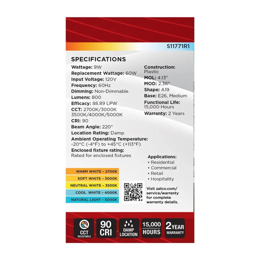 9 Watt A19 LED - 27K/3K/35K/4K/5K CCT Selectable - Medium Base - White Finish - 120 Volt - Image 8