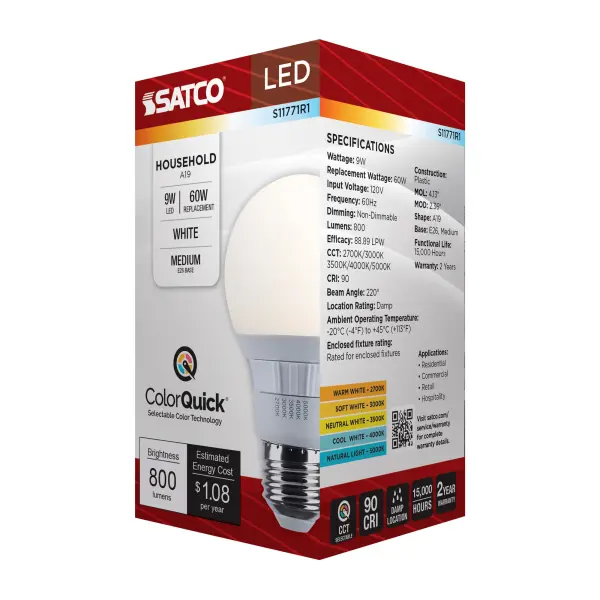 9 Watt A19 LED - 27K/3K/35K/4K/5K CCT Selectable - Medium Base - White Finish - 120 Volt - Image 10