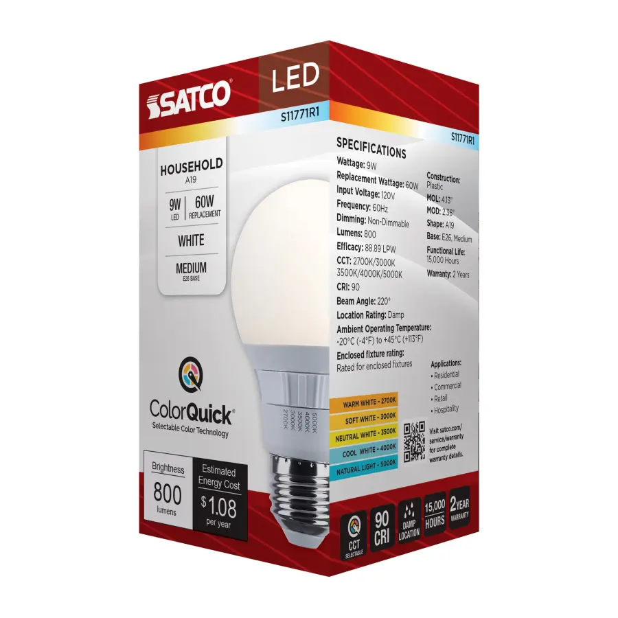 9 Watt A19 LED - 27K/3K/35K/4K/5K CCT Selectable - Medium Base - White Finish - 120 Volt - Image 10