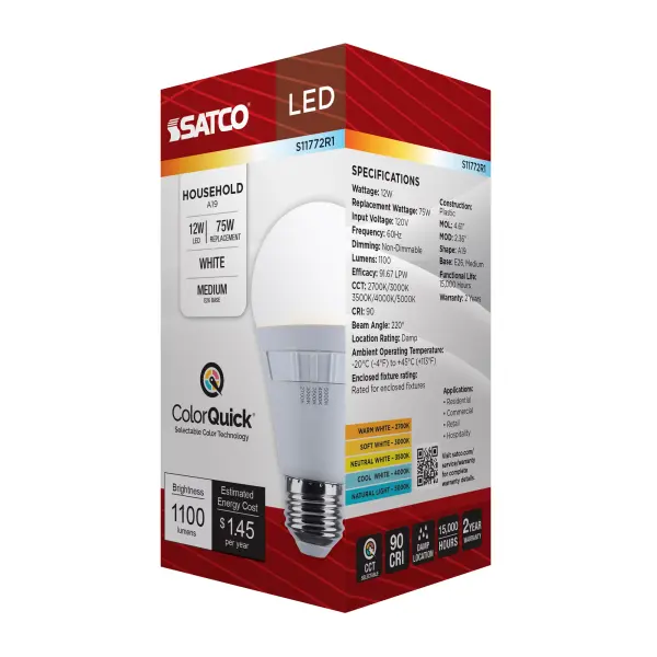 12 Watt A19 LED - 27K/3K/35K/4K/5K CCT Selectable - Medium Base - White Finish - 120 Volt - Image 10