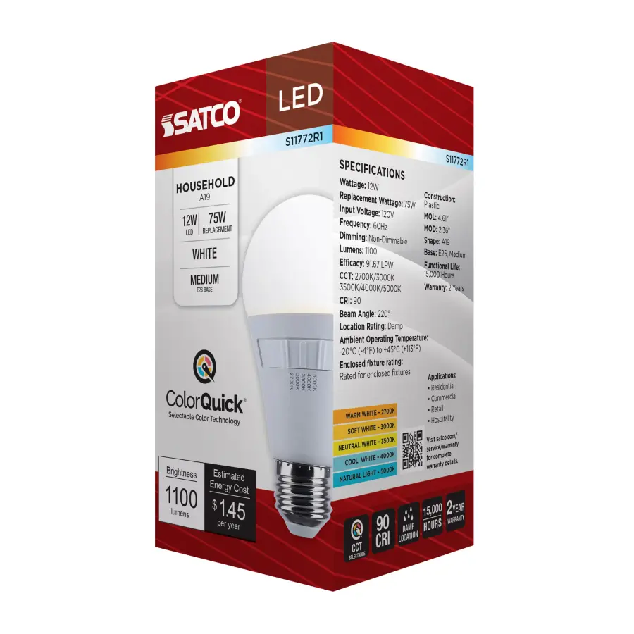 12 Watt A19 LED - 27K/3K/35K/4K/5K CCT Selectable - Medium Base - White Finish - 120 Volt - Image 10
