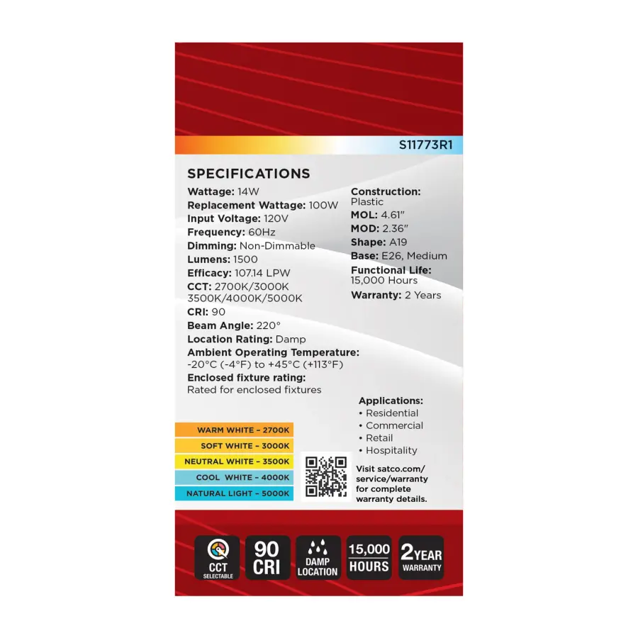 14 Watt A19 LED - 27K/3K/35K/4K/5K CCT Selectable - Medium Base - White Finish - 120 Volt - Image 8