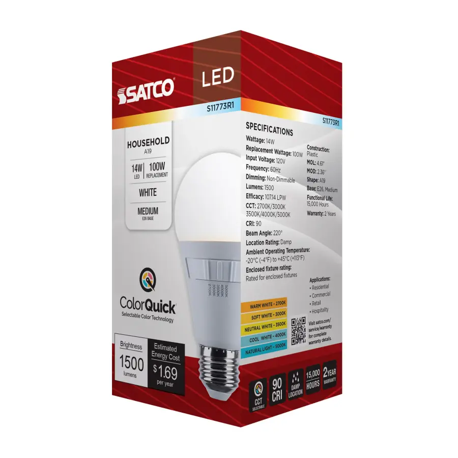 14 Watt A19 LED - 27K/3K/35K/4K/5K CCT Selectable - Medium Base - White Finish - 120 Volt - Image 10