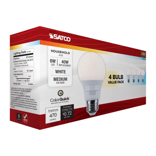 6 Watt A19 LED - 27K/3K/35K/4K/5K CCT Selectable - Medium Base - White Finish - 120 Volt - 4-Pack - Image 11