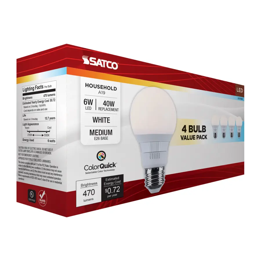 6 Watt A19 LED - 27K/3K/35K/4K/5K CCT Selectable - Medium Base - White Finish - 120 Volt - 4-Pack - Image 11
