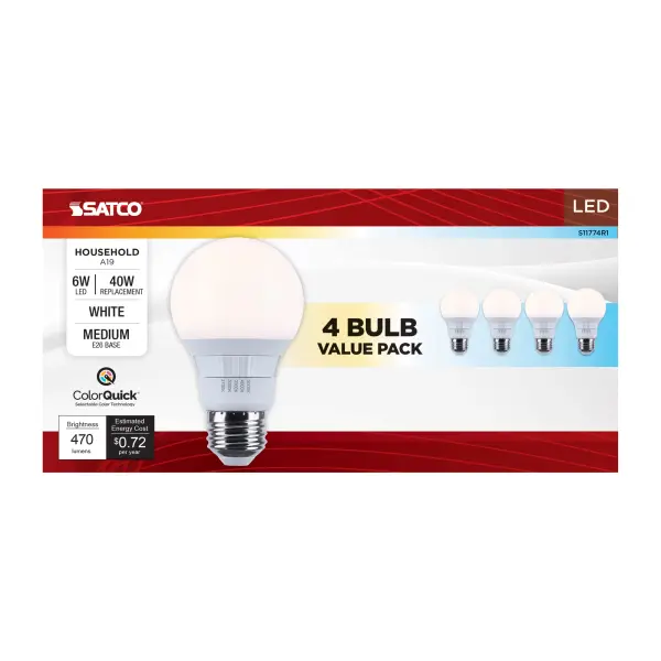 6 Watt A19 LED - 27K/3K/35K/4K/5K CCT Selectable - Medium Base - White Finish - 120 Volt - 4-Pack - Image 6