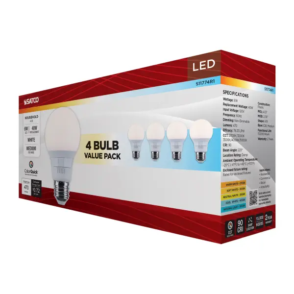 6 Watt A19 LED - 27K/3K/35K/4K/5K CCT Selectable - Medium Base - White Finish - 120 Volt - 4-Pack - Image 10