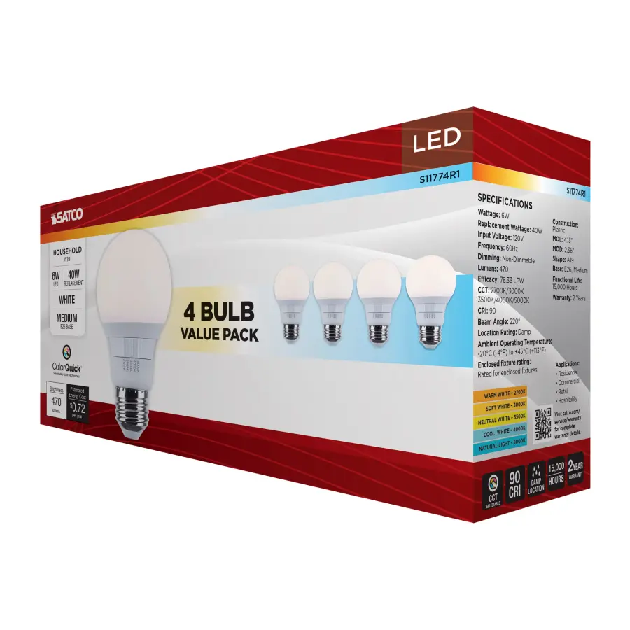6 Watt A19 LED - 27K/3K/35K/4K/5K CCT Selectable - Medium Base - White Finish - 120 Volt - 4-Pack - Image 10