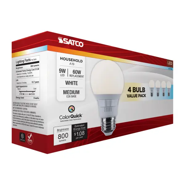 9 Watt A19 LED - 27K/3K/35K/4K/5K CCT Selectable - Medium Base - White Finish - 120 Volt - 4-Pack - Image 11