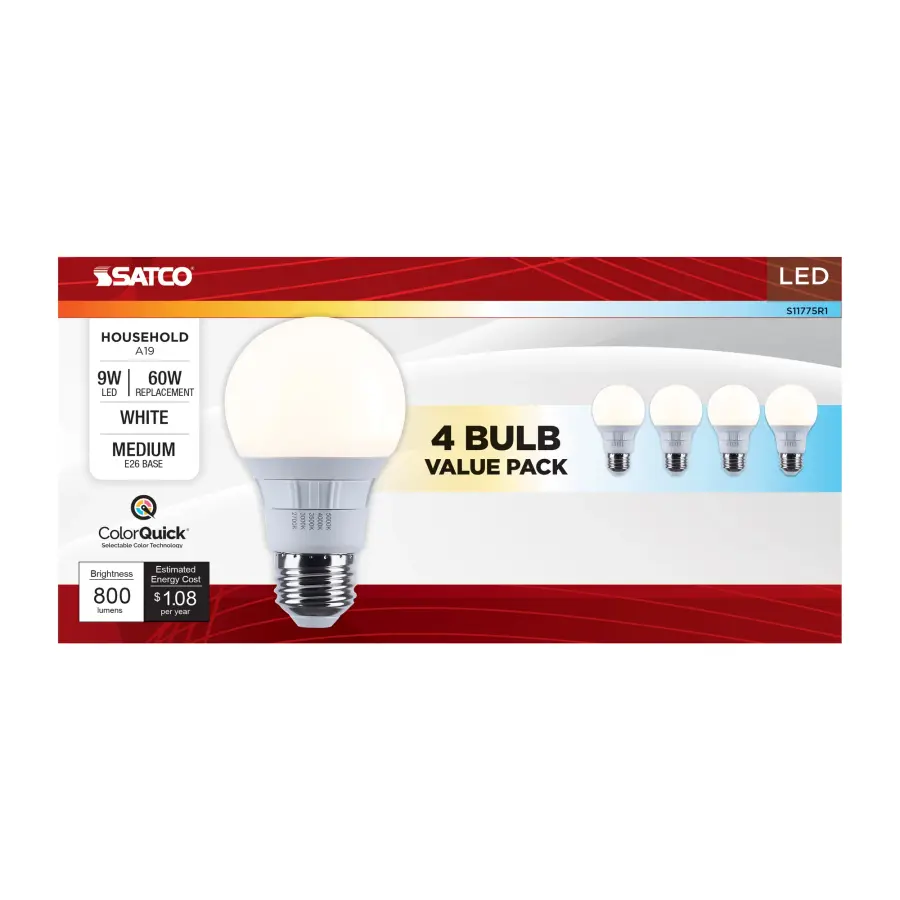 9 Watt A19 LED - 27K/3K/35K/4K/5K CCT Selectable - Medium Base - White Finish - 120 Volt - 4-Pack - Image 6