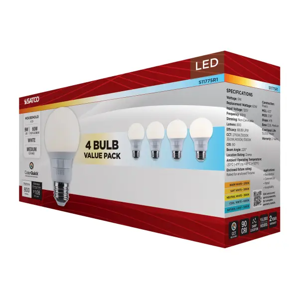 9 Watt A19 LED - 27K/3K/35K/4K/5K CCT Selectable - Medium Base - White Finish - 120 Volt - 4-Pack - Image 10