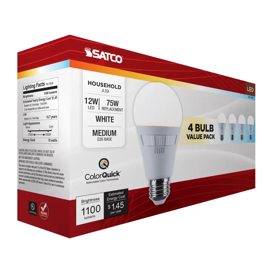 12 Watt A19 LED - 27K/3K/35K/4K/5K CCT Selectable - Medium Base - White Finish - 120 Volt - 4-Pack - Image 11