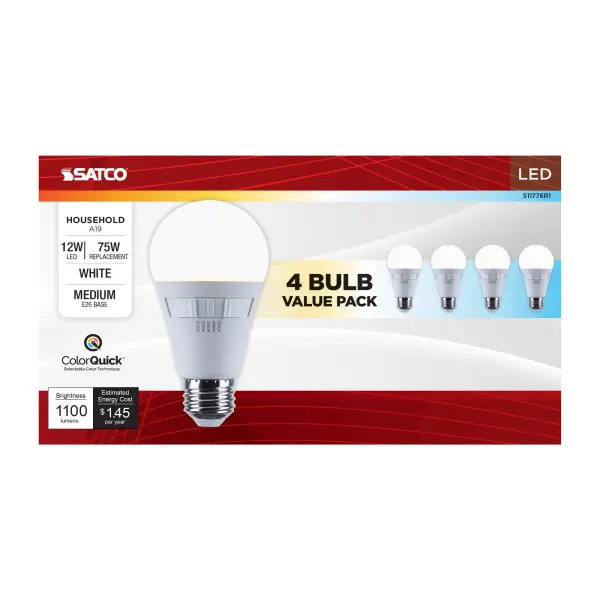 12 Watt A19 LED - 27K/3K/35K/4K/5K CCT Selectable - Medium Base - White Finish - 120 Volt - 4-Pack - Image 6