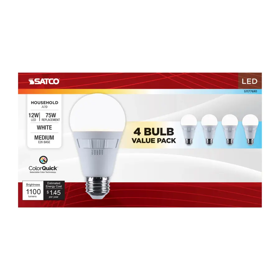 12 Watt A19 LED - 27K/3K/35K/4K/5K CCT Selectable - Medium Base - White Finish - 120 Volt - 4-Pack - Image 6