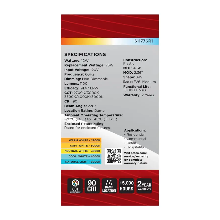 12 Watt A19 LED - 27K/3K/35K/4K/5K CCT Selectable - Medium Base - White Finish - 120 Volt - 4-Pack - Image 8