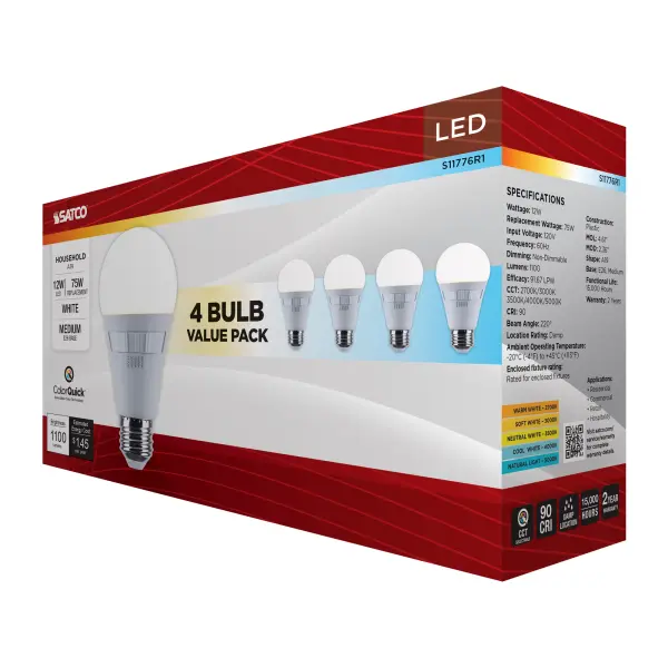 12 Watt A19 LED - 27K/3K/35K/4K/5K CCT Selectable - Medium Base - White Finish - 120 Volt - 4-Pack - Image 10