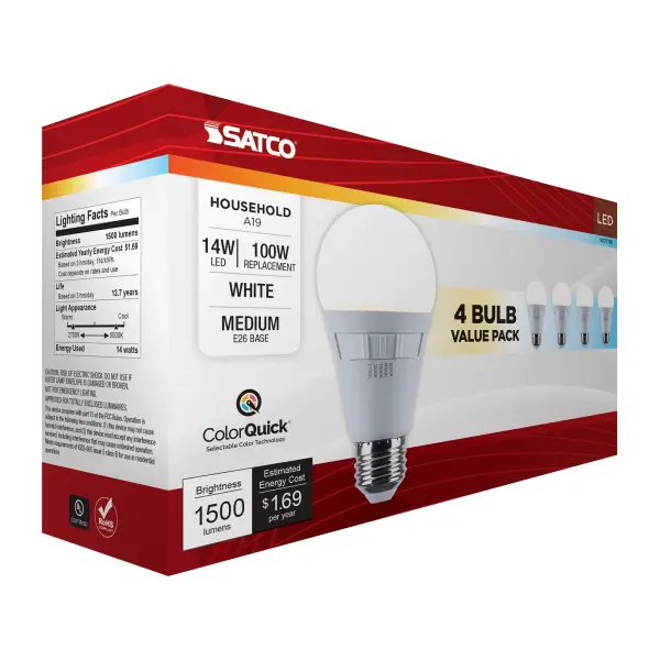 14 Watt A19 LED - 27K/3K/35K/4K/5K CCT Selectable - Medium Base - White Finish - 120 Volt - 4-Pack - Image 11