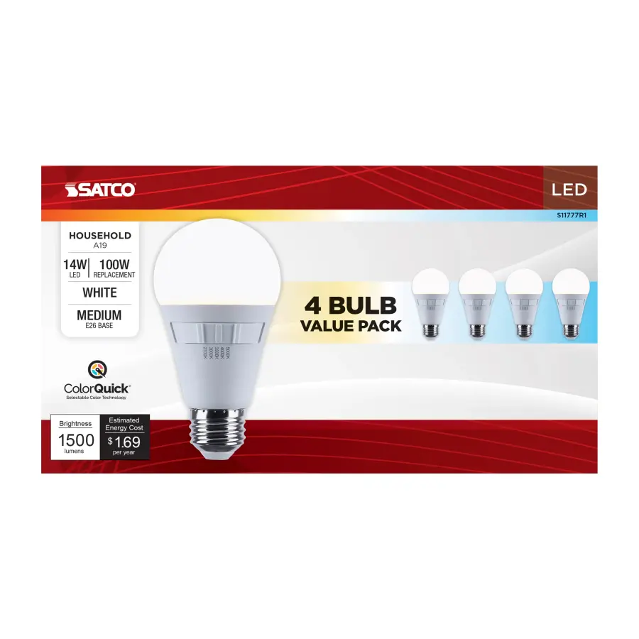 14 Watt A19 LED - 27K/3K/35K/4K/5K CCT Selectable - Medium Base - White Finish - 120 Volt - 4-Pack - Image 6