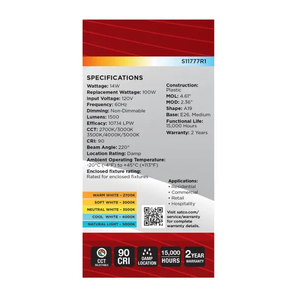 14 Watt A19 LED - 27K/3K/35K/4K/5K CCT Selectable - Medium Base - White Finish - 120 Volt - 4-Pack - Image 8