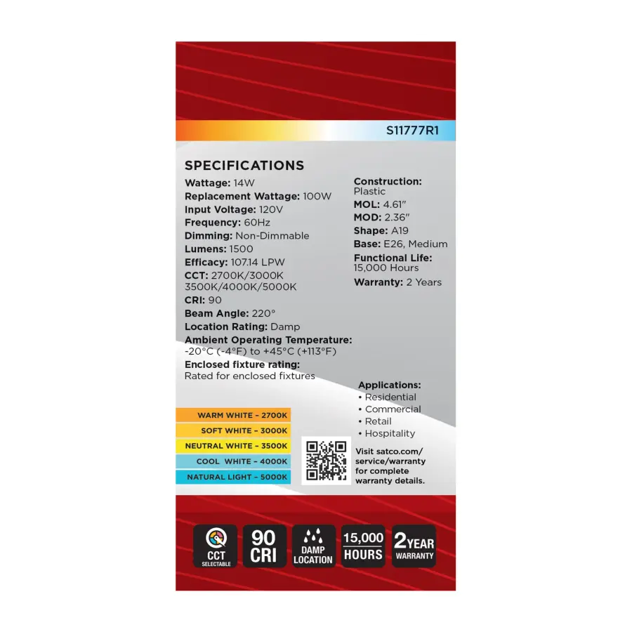 14 Watt A19 LED - 27K/3K/35K/4K/5K CCT Selectable - Medium Base - White Finish - 120 Volt - 4-Pack - Image 8