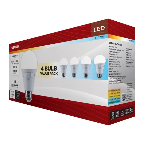 14 Watt A19 LED - 27K/3K/35K/4K/5K CCT Selectable - Medium Base - White Finish - 120 Volt - 4-Pack - Image 10