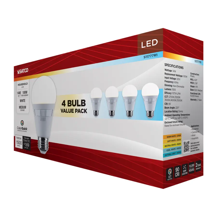 14 Watt A19 LED - 27K/3K/35K/4K/5K CCT Selectable - Medium Base - White Finish - 120 Volt - 4-Pack - Image 10