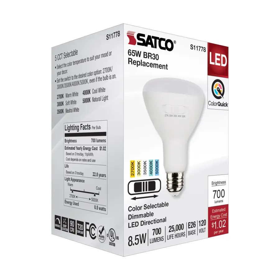 8.5 Watt BR30 LED - Medium Base - CCT Selectable - White Finish - 90 CRI - 120 Volt - Image 6