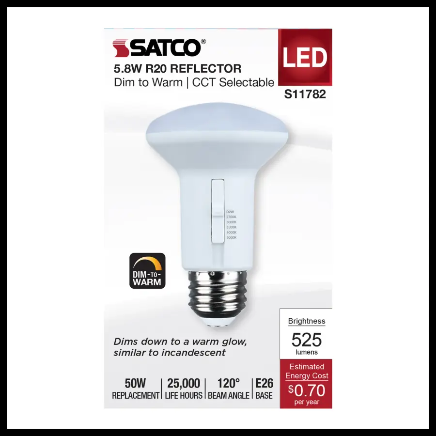 5.8 Watt R20 LED - 27K/30K/35K/40K/50K CCT Selectable - Dim to Warm - White Finish - 120 Volt - Image 2
