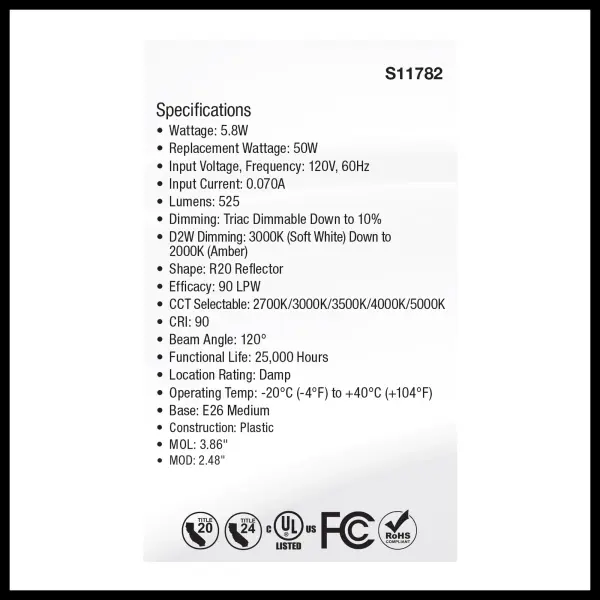 5.8 Watt R20 LED - 27K/30K/35K/40K/50K CCT Selectable - Dim to Warm - White Finish - 120 Volt - Image 5