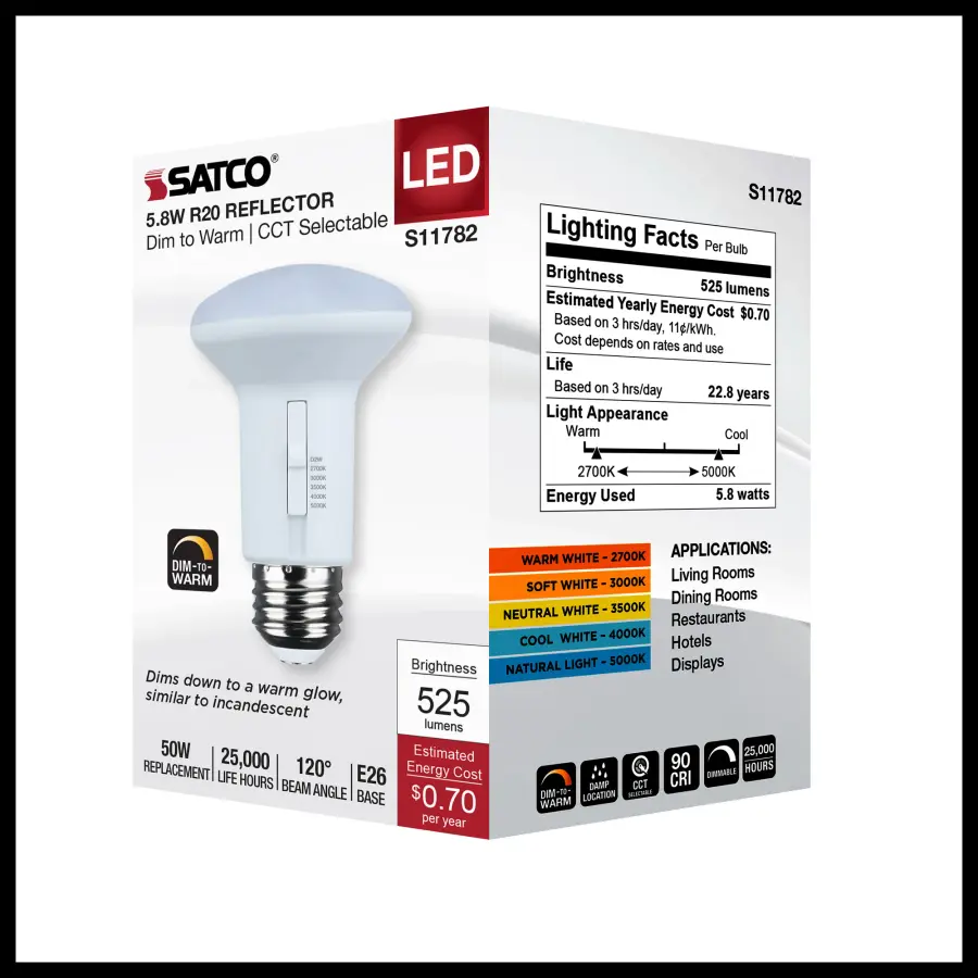 5.8 Watt R20 LED - 27K/30K/35K/40K/50K CCT Selectable - Dim to Warm - White Finish - 120 Volt - Image 6