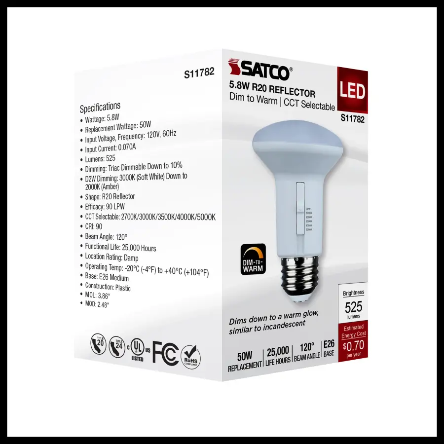 5.8 Watt R20 LED - 27K/30K/35K/40K/50K CCT Selectable - Dim to Warm - White Finish - 120 Volt - Image 7