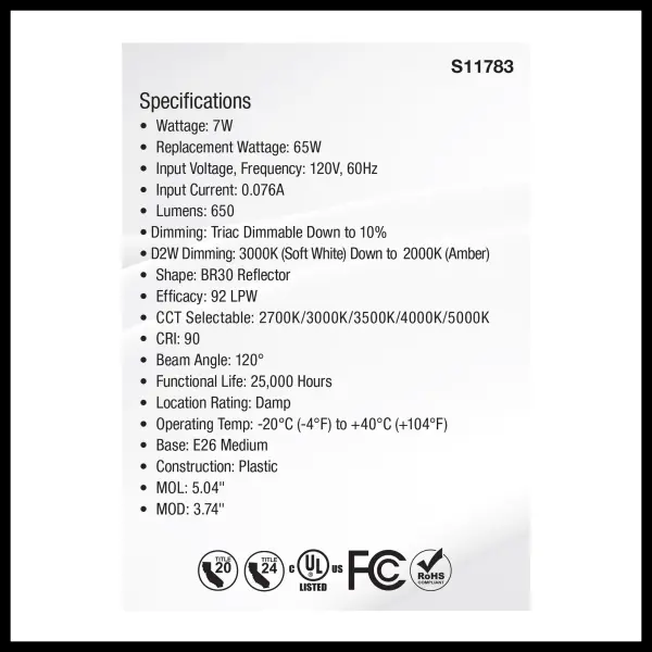 7 Watt BR30 LED - 27K/30K/35K/40K/50K CCT Selectable - Dim to Warm - White Finish - 120 Volt - Image 5