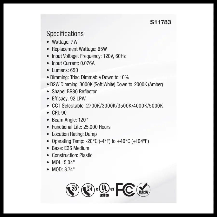 7 Watt BR30 LED - 27K/30K/35K/40K/50K CCT Selectable - Dim to Warm - White Finish - 120 Volt - Image 5